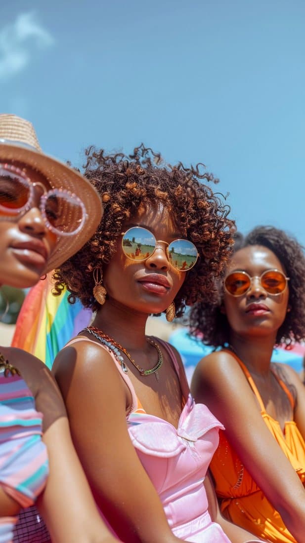 Friends in sunglasses at a beach party